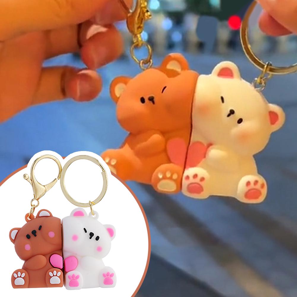 Cute Resin Bear Couple Magnetic Keychain Will Never Leave Cute Animal Doll Bag Pendant Kawaii Key Chains Gifts for Lovers