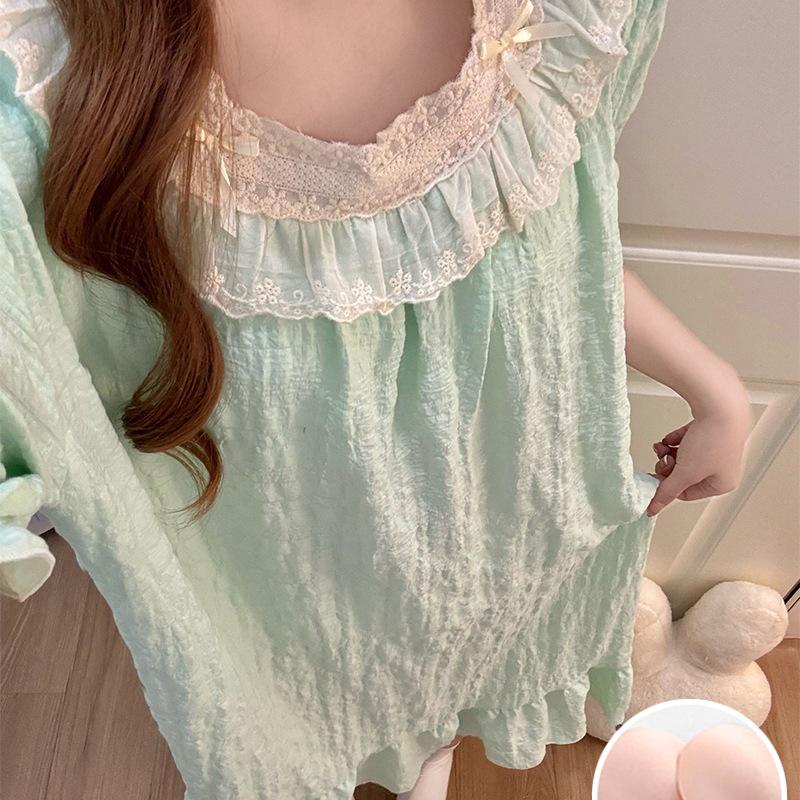 2026 Summer Women's Nightgown: Cloud Cotton, Bra Pads, Short Sleeve, Lace Trim Long Dress