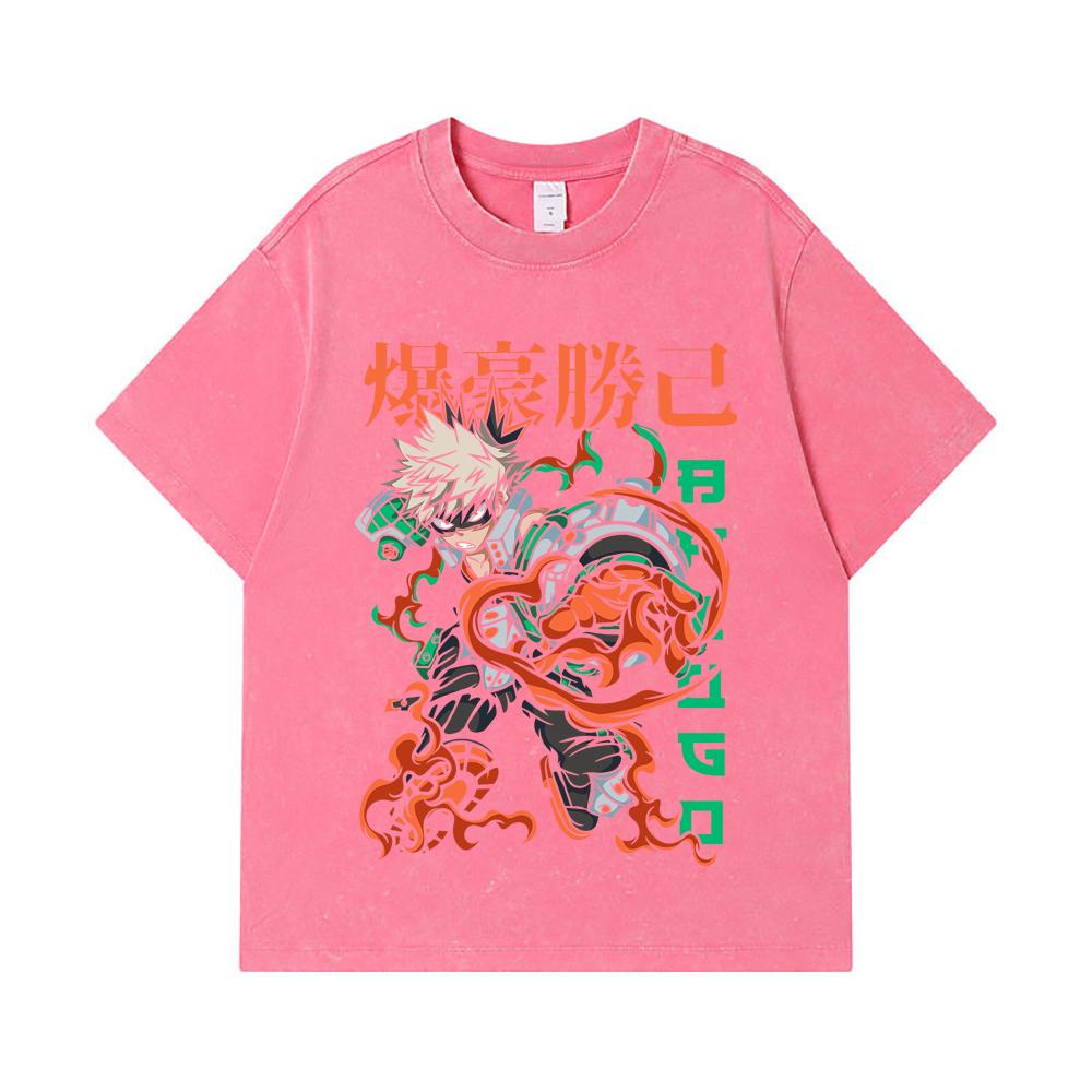275 GSM Washed T-shirts 100% Cotton My Hero Academia V14 Bakugo Print Unisex Heavy Cotton T Shirt
