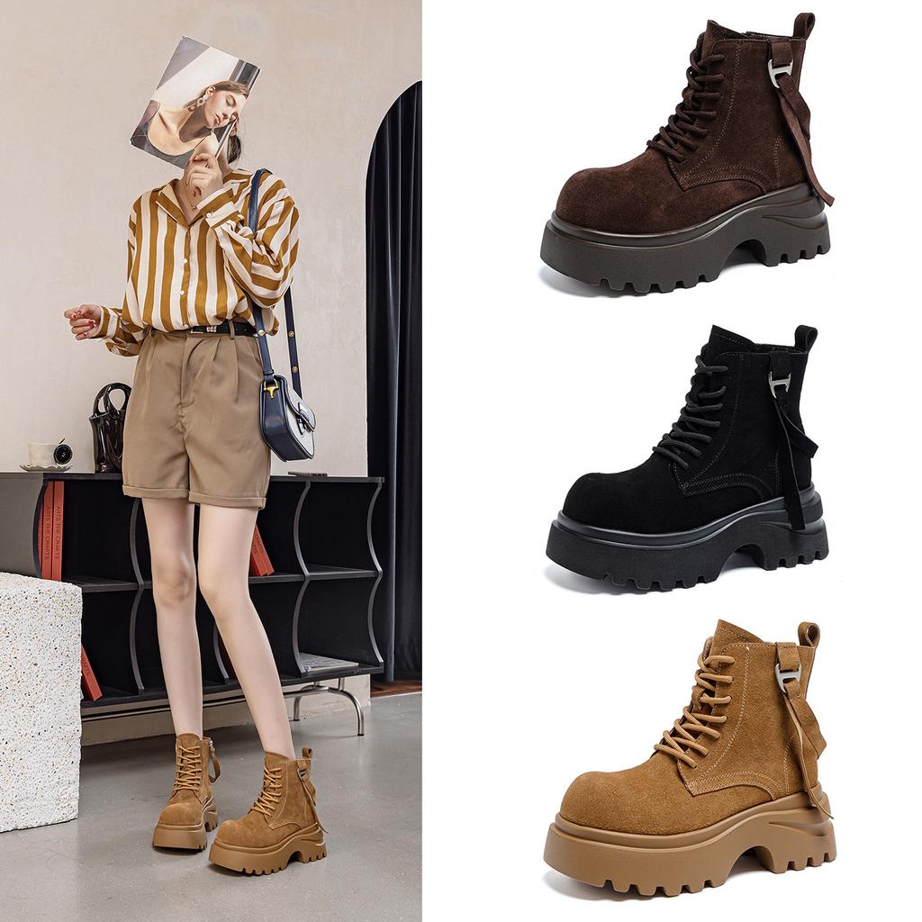 Frosted Soft Leather Big-headed Martin Boots for Women's New Small Inner Height Increase Fashionable Versatile Muffin Thick-soled Short Boots