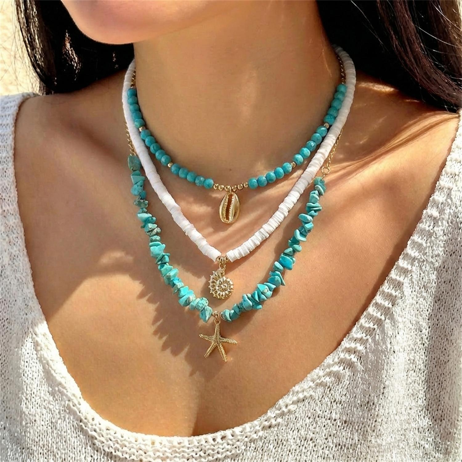 

3Pcs/set Bohemian Conch Starfish Pendant Necklace for Women Trendy Soft Clay Pottery Beaded Chain Necklaces Beach Party Zircon
