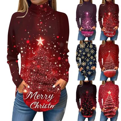 Damen Modisches Lässiges Rollkragen Weihnachts-Print Langarm T-Shirt Pullover Top