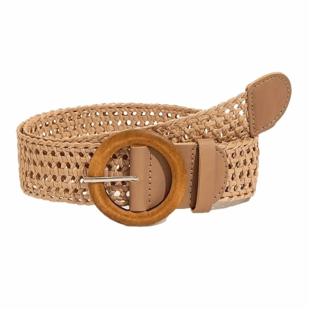 Round Buckle Waist Belt Straw Braided Belt Retro Woven Waistband for Holiday