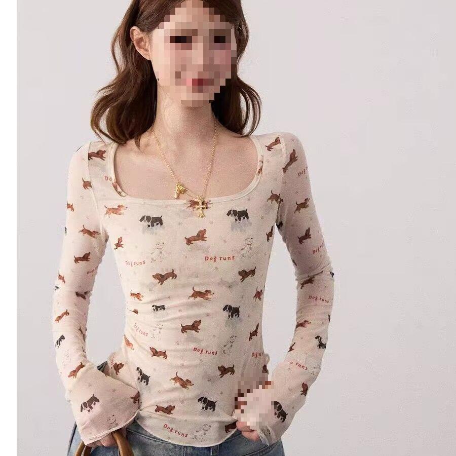 Trendy Pure Desire Slim-Fit U-Neck Printed Puppy Long-Sleeve T-Shirt for Women
