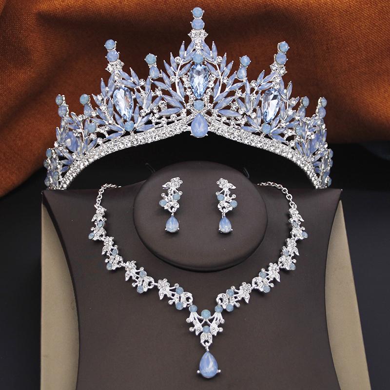 3 Pcs Princess Wedding Crown Jewelry Sets and Tiaras Green Pink Bride Necklace Earrings Set Girls Prom Birthday Accessory