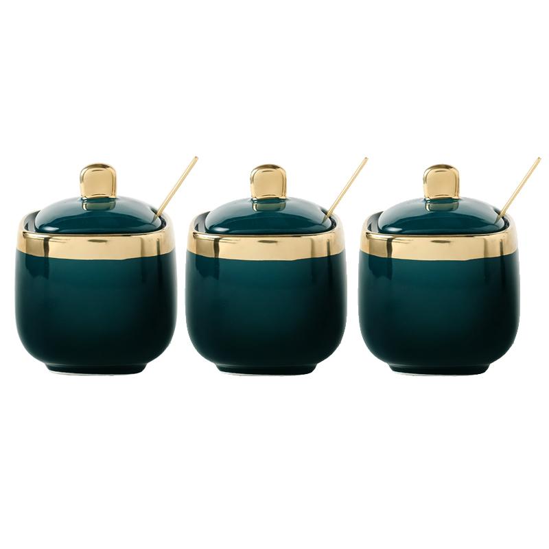Grüne Keramik Zuckerdose Gesalzenes MSG Glas Gewürzbehälter Heimaufbewahrung Drei Stück Haushalt mit Löffel Deckel Gewürzaufbewahrungsbox