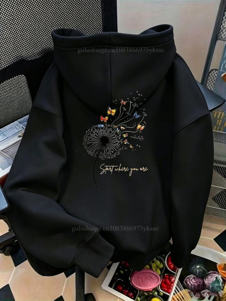 Casual Hoodie Halloween Gifts Dandelion Butterfly Start Where You Are Print Autumn Winter Fall Clothes For Women Girls