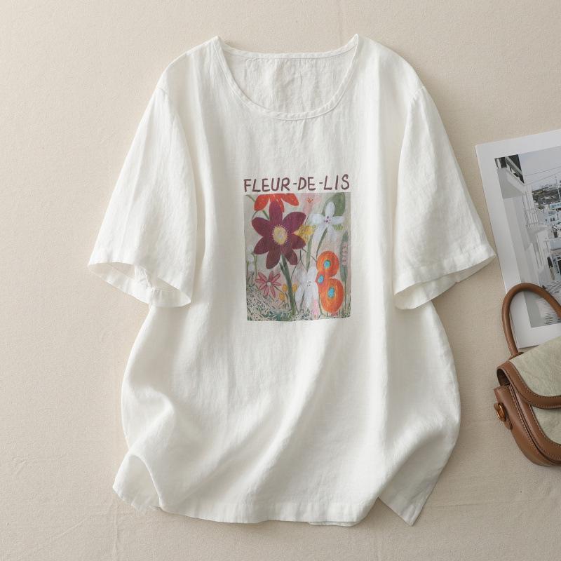 

Vintage Print Cotton-Linen Women s Loose Round Neck Mid-Sleeve Casual T-Shirt XL