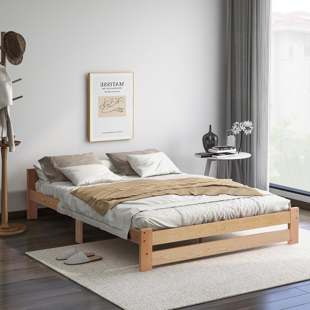 Flieks Solid Solid Wood Bed with Headboard and Slatted Frame, Natural (200x140cm)