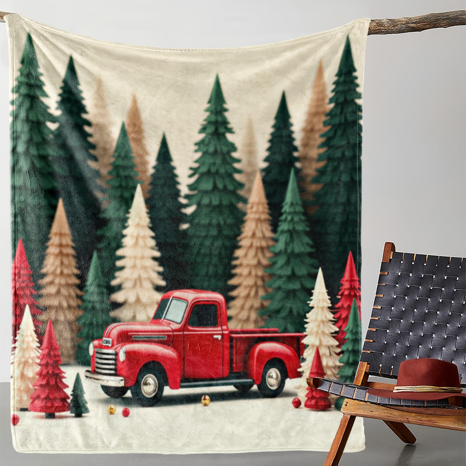 1pc Sdoo Vintage Red Truck & Pine Forest Flannel Throw Blanket - Soft Warm All-Season Cozy Blanket for Sofa Bed Car Office Campi 75x90cm