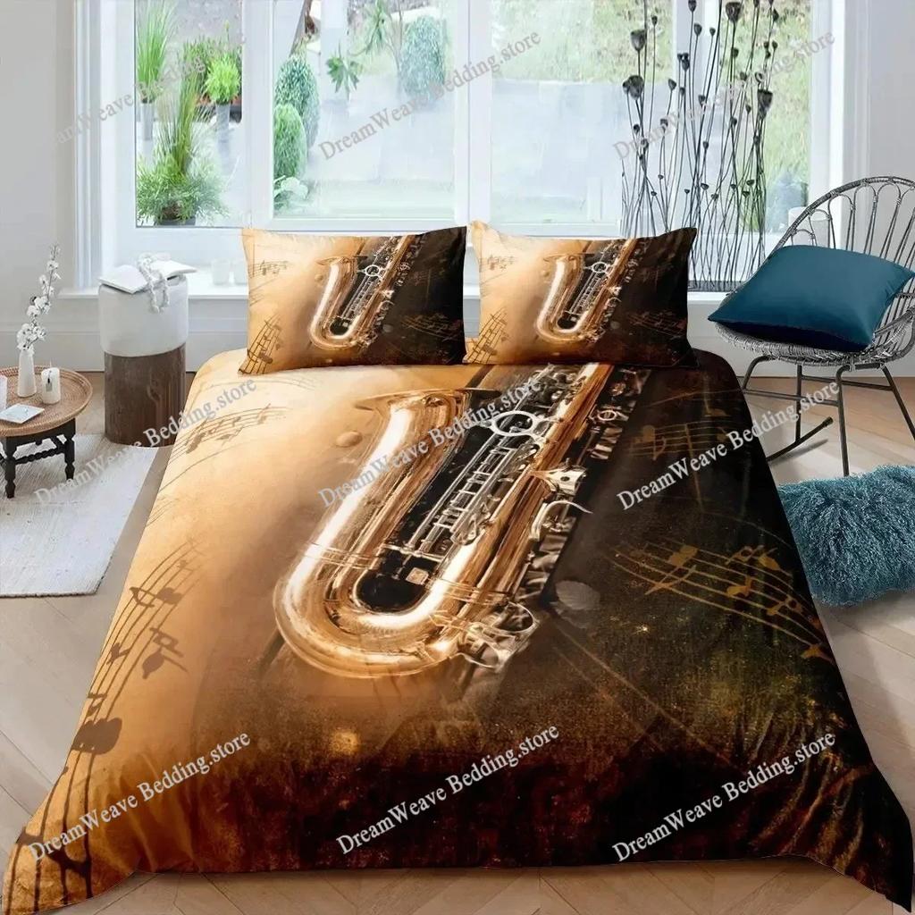 Saxophone Duvet Cover Set Rotating Musical Notes Bedding Set Musical Instrument Retro Jazz Music Twin 3D Quilt Cover for Kids963