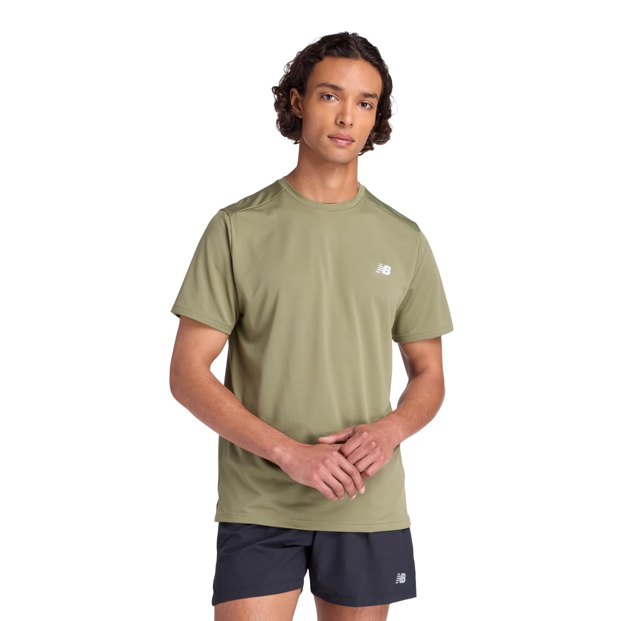 

New Balance Sport Short Sleeve Functional in Dark Olivine Men s T-Shirt, Moisture-Wicking, Quick-Drying T-Shirt (MT51801) (DEK)