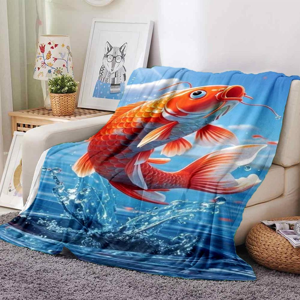 Vibrant Red Koi Fish Water Splash Print Flannel Blanket Aquatic Animal Throw Blanket Soft Cozy Home Sofa Bed Home Decor