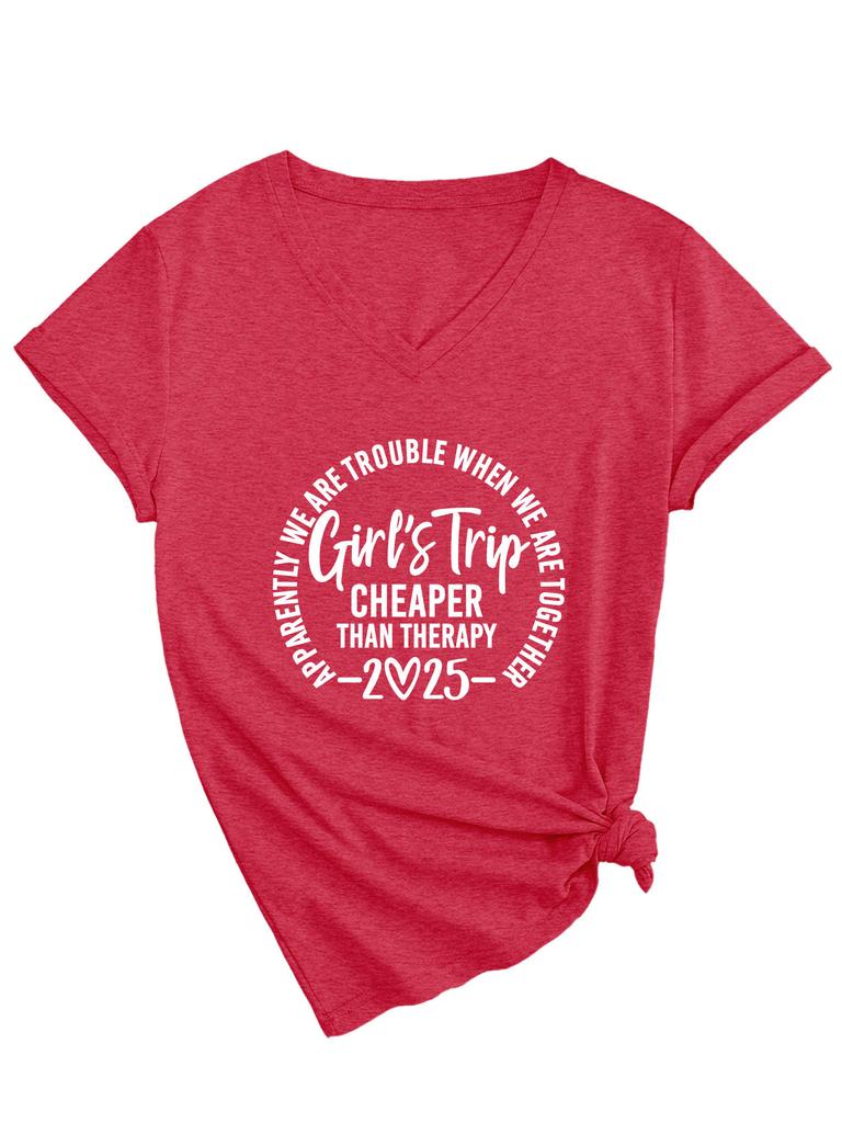 Inspirational Text Printed Top Loose Casual Simple V-neck Short Sleeved Women's T-shirts