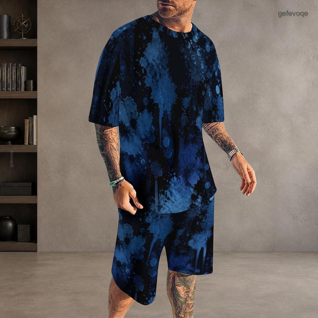 Men Plus Size Dark Blue Printed Round Neck Short Sleeve Top And Shorts Two Piece Set