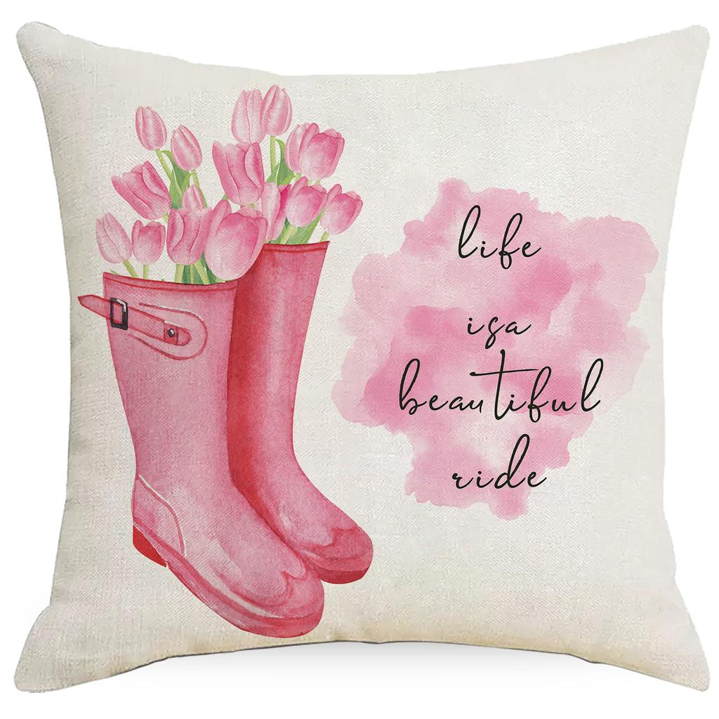 Pink Tulip Flowers Linen Print Pillowcase Spring and Summer Plant Flowers Sofa Pillow Bedside Pillowcase