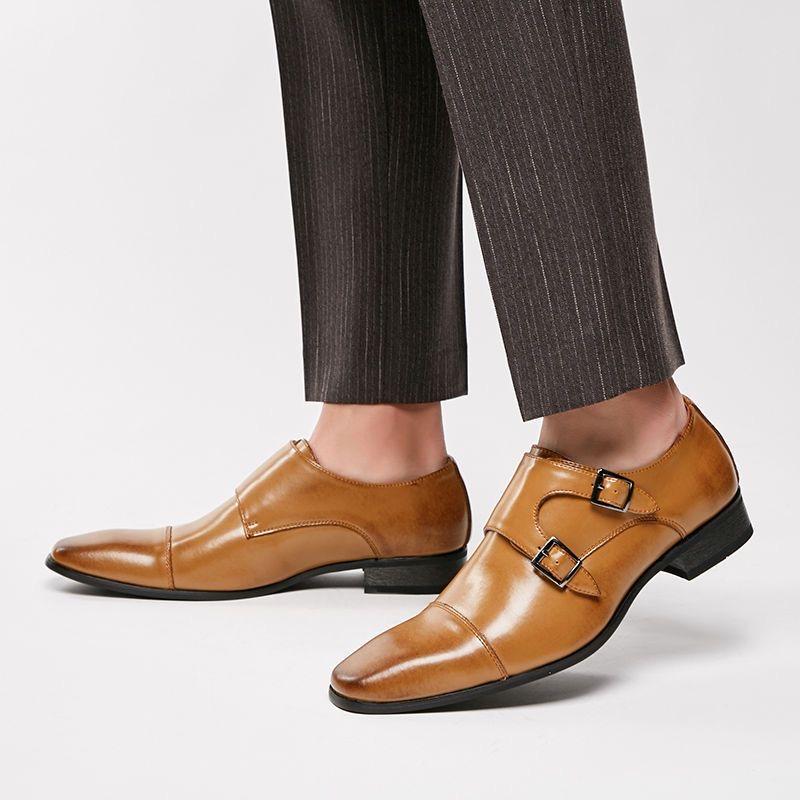 Classic Mens Dress Shoes Pointed Toe Cow Leather Buckle Monk Strap Casual Business Wedding Shoes for Men Black Brown