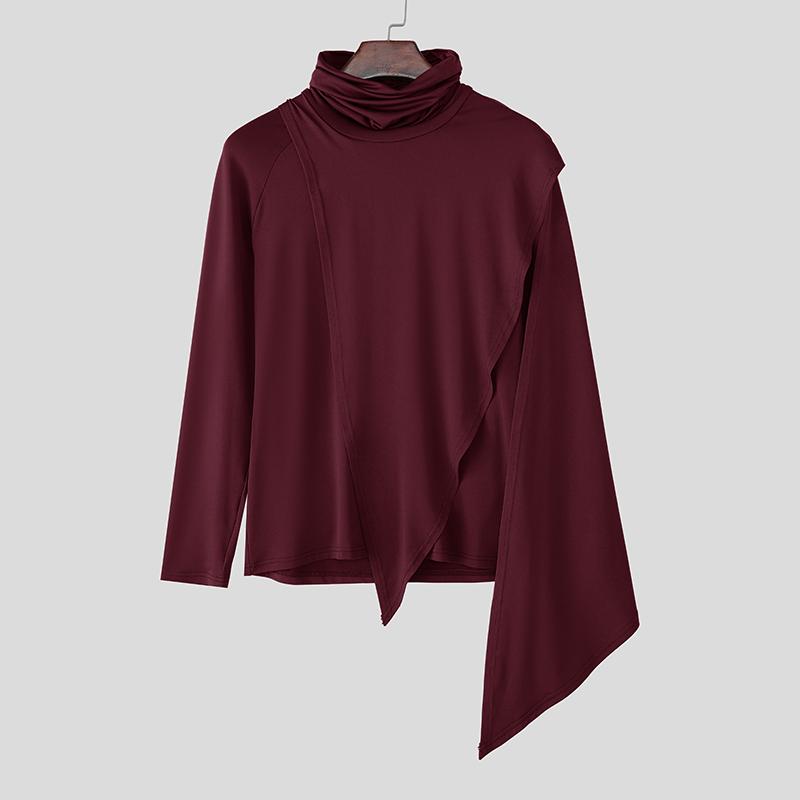 

INCERUN Осень Мужской Водолазка Длинный Рукав Неровные Слои Пэчворк Повседневный Приталенный Кейп Футболки 5XL вино красного