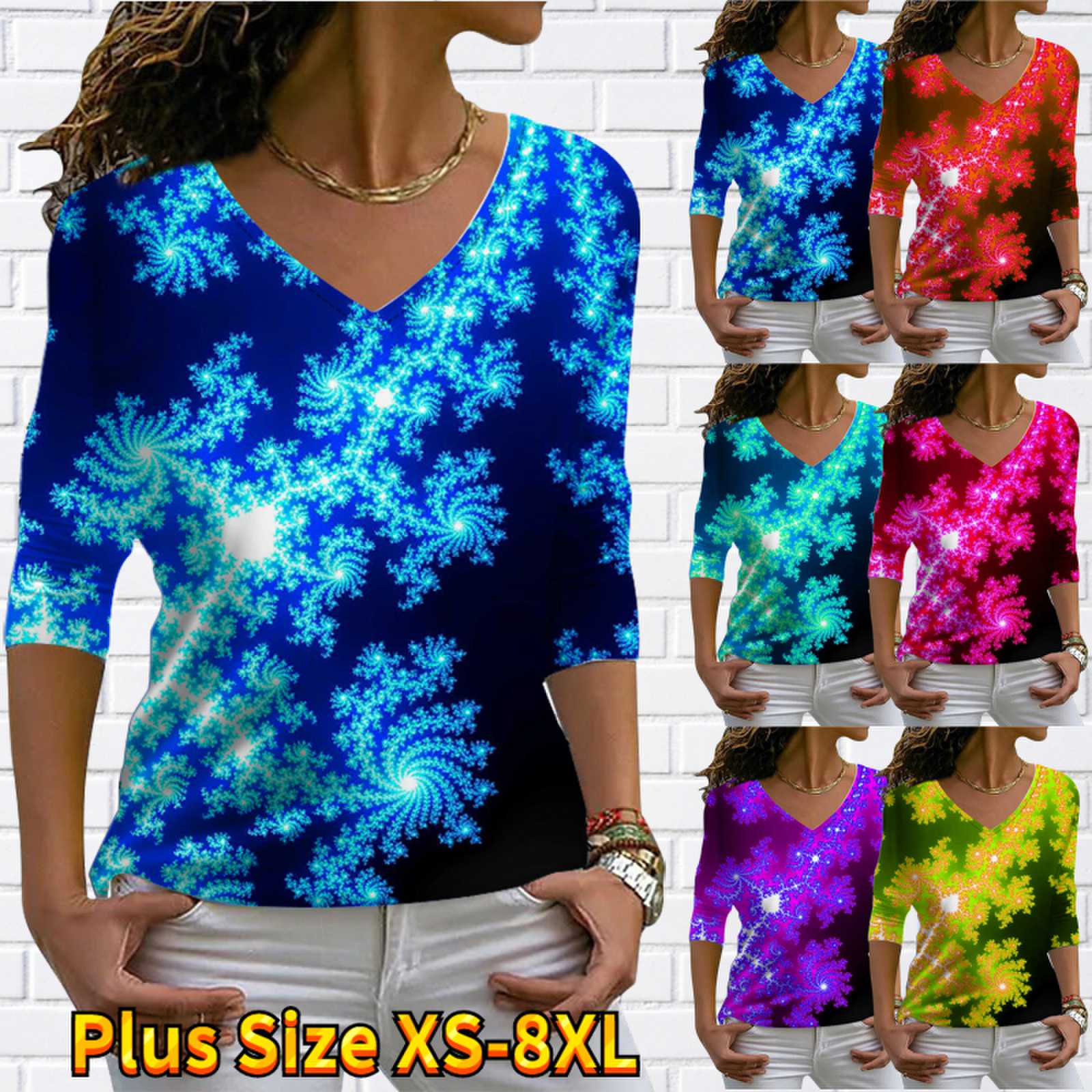 

Женские осенние футболки с длинными рукавами с цветочным принтом, синие и великолепные цветы, свободные футболки с v-образным вырезом размера плюс, топы, удобная блузка XS синий