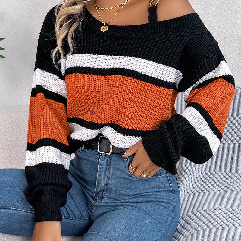 

Женский свитер с открытыми плечами - Полосатый пуловер колор-блок с рукавами-колокольчиками и металлическими пуговицами, осенне-зимний повседневный трикотаж XL оранжевый