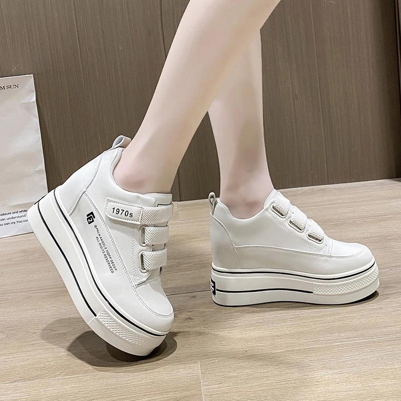 Fashion Women Breathable Sneakers Increased Platform Shoes 8cm Casual Footwear Leisure Leather White Shoes Women's Vulcanize Shoes