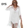 Beach Cover Up Dress V-Neck Woven Hollow Neckline Fringed Cuffs Hem Bikini Cover Up UV Protection Beach Dress