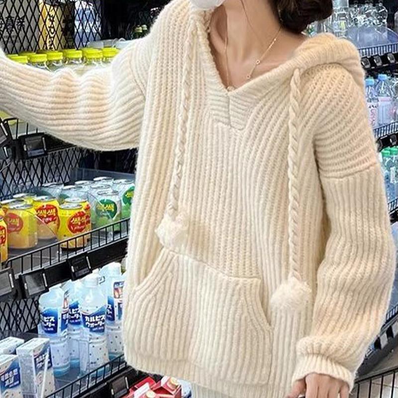 

Свободная вязаная толстовка с капюшоном средней длины большого размера, утепленный свитер для женщин One size белый