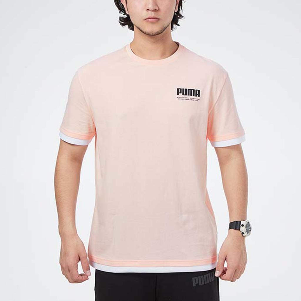 Puma Letter Print Two-In-One Short Sleeve Sports T-Shirt Men Tops Pink 845862-27