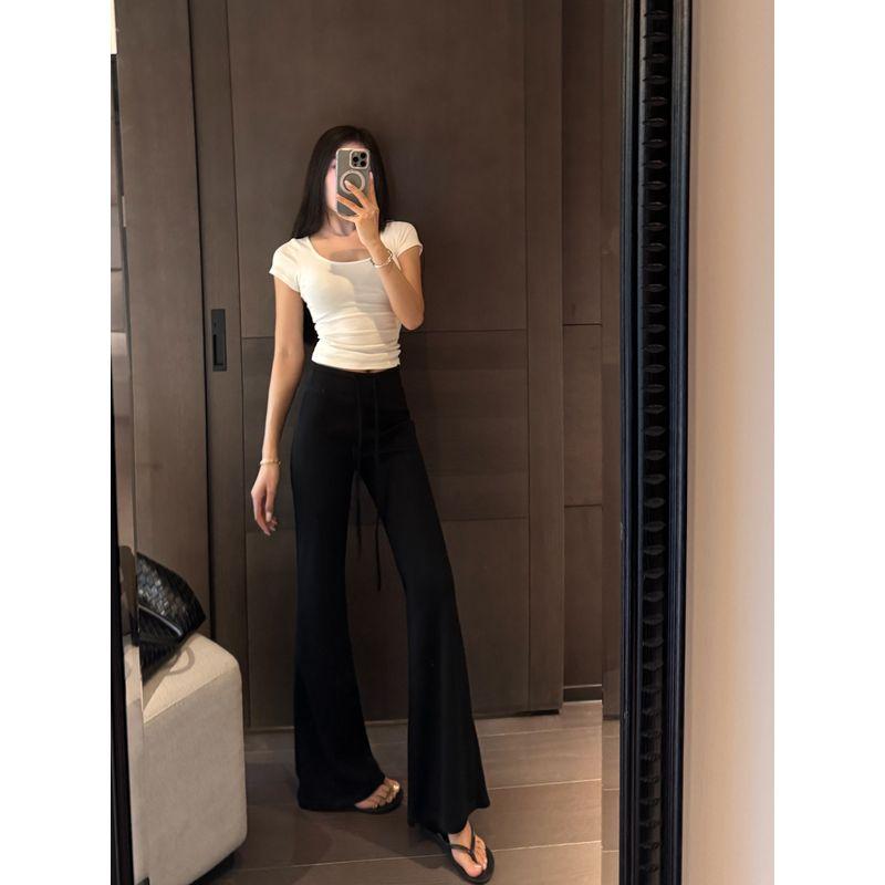 

Kumikumi Retro Black Drawstring Casual Pants Bootcut Trousers Women Autumn Drape Stretch High-Waist Mopping Pants Pants Black S
