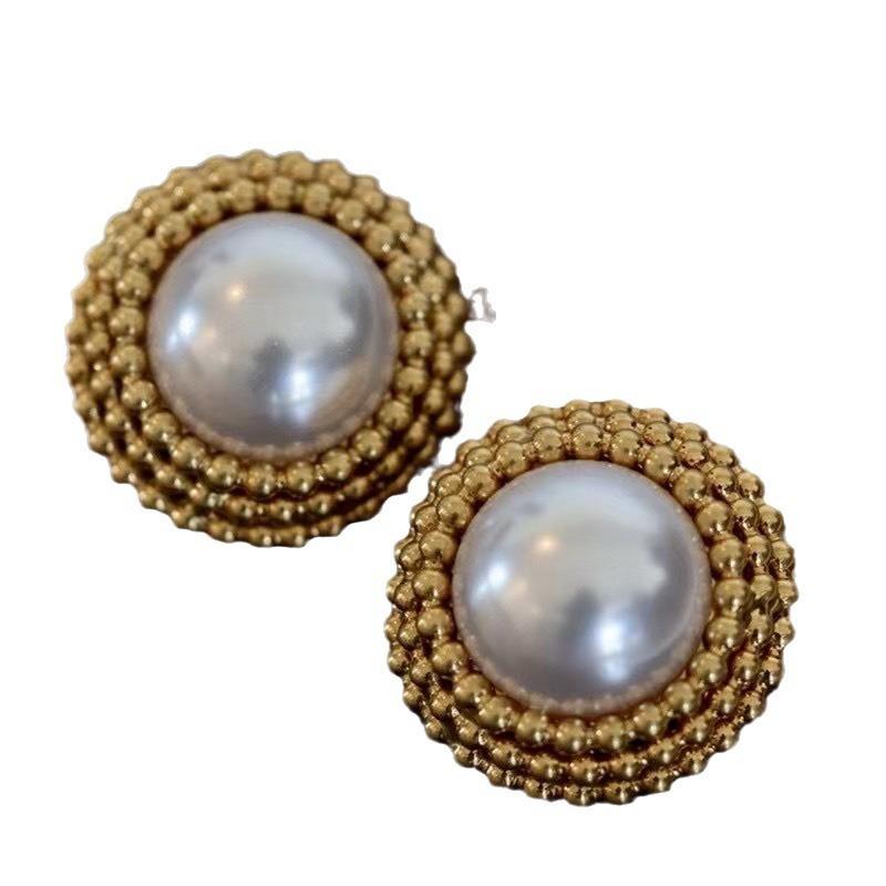 Vintage Premium Glazed Pearl Round Earrings Heavy Industry Ear Clips