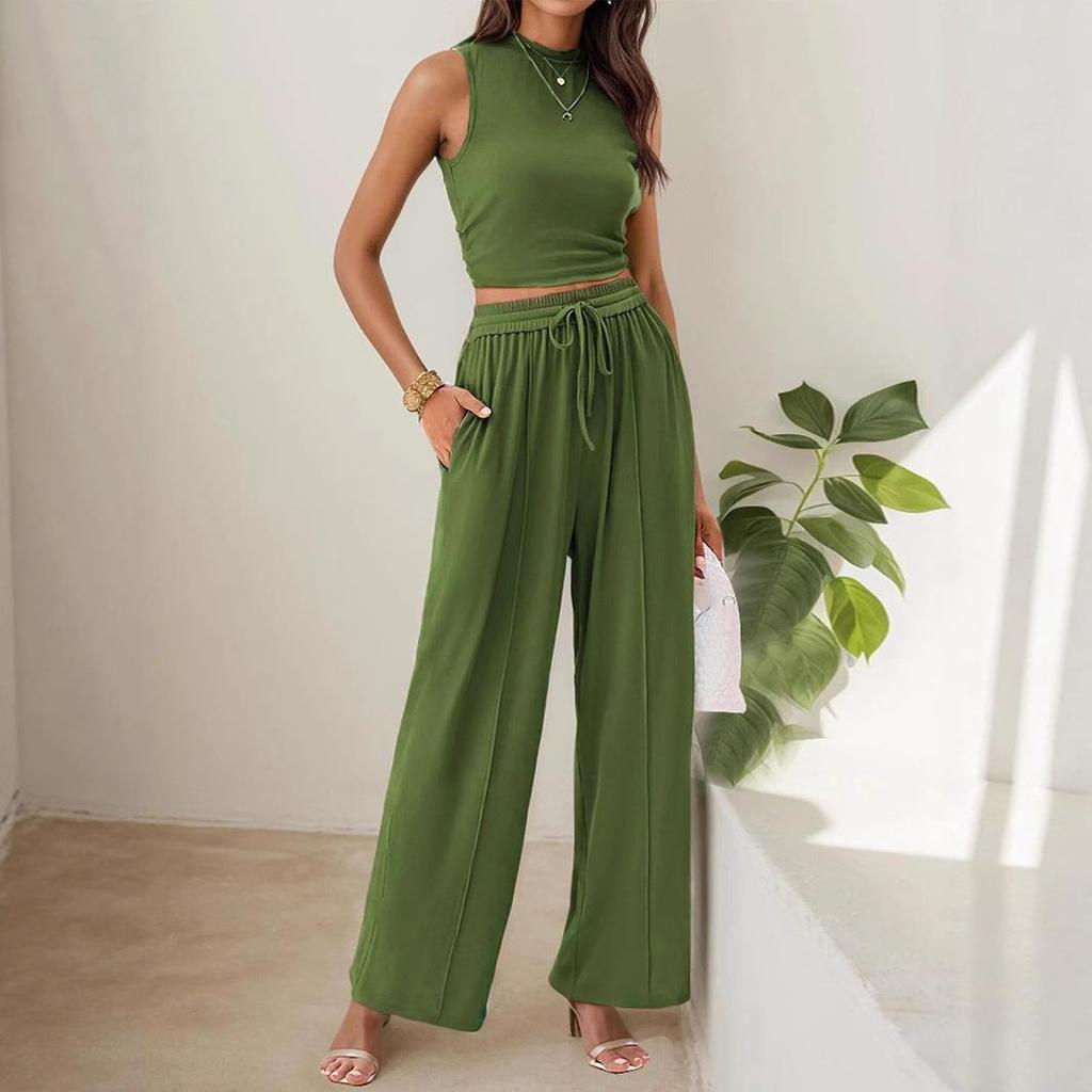 2026 Women's Knit Casual Two-Piece Set: Short Tank Top & Wide-Leg Sports Pants