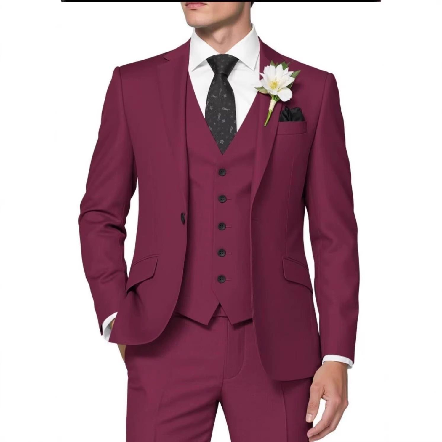 

Чоловічі костюми-трійки Slim Fit Вечірні костюми для чоловіків Весільний костюм Літній піджак Жилет Штани Смокінг Комплект 3XL бордовий