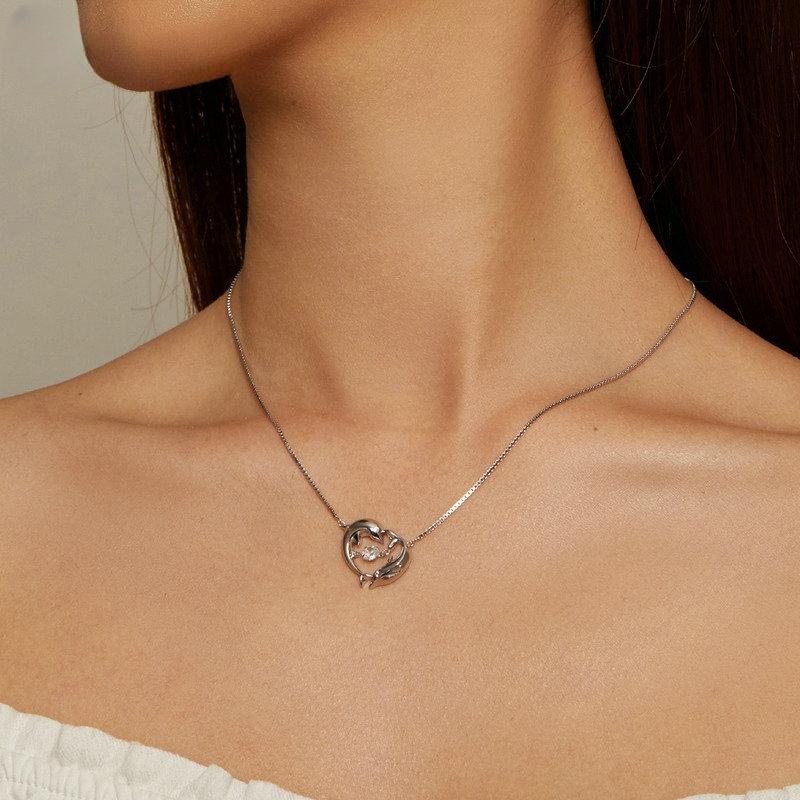 S925 Sterling Silver Connected Double Dolphins Necklace Shiny Zircon Love Neck Chain for Women Fine Jewelry