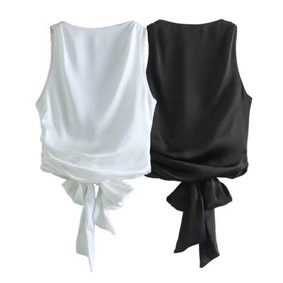 Women Summer Vest Round Neck Sleeveless Backless Smooth Satin Texture Vest Top