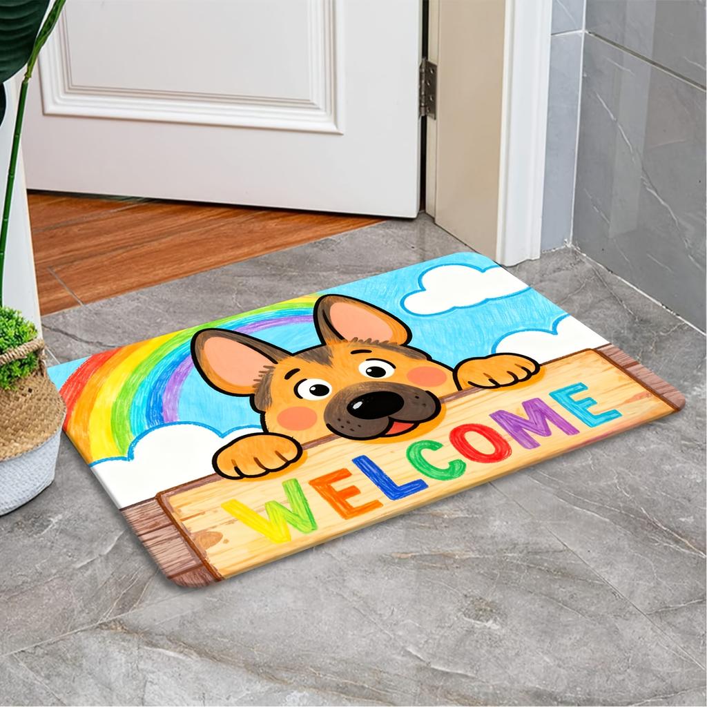 Cartoon Canine Illustration Doormat Sky Blue White Rainbow Polyester Hand Wash Only 80x50cm Decorative Use