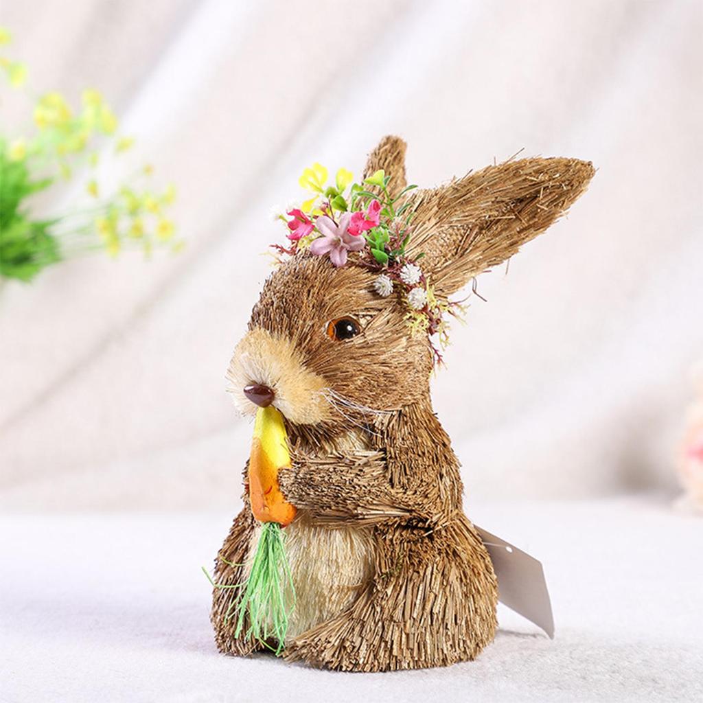 Cute Straw Easter Rabbit Figurine Bunny Sculpture Crafts Standing Animal for Table Wedding Indoor Decoration Gift
