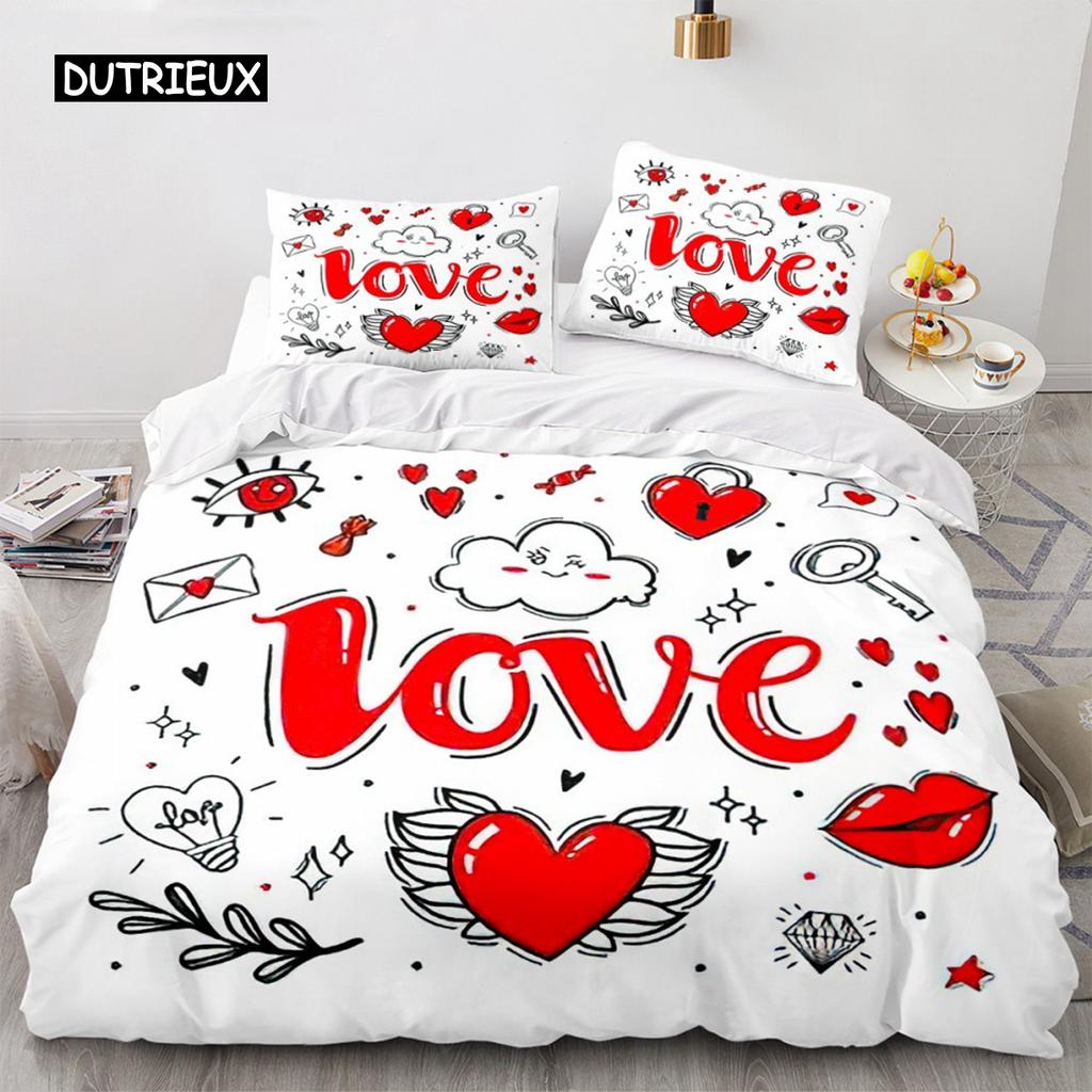 Red Love Heart Duvet Cover Luxury Romantic Theme Bedding Set for Couple Valentine's Day Gifts for Girlfriend Bedroom Decoration