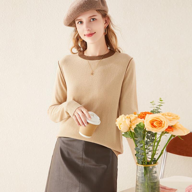 TUHUANG Women's Pure Wool Color Block Crew Neck Pullover Sweater