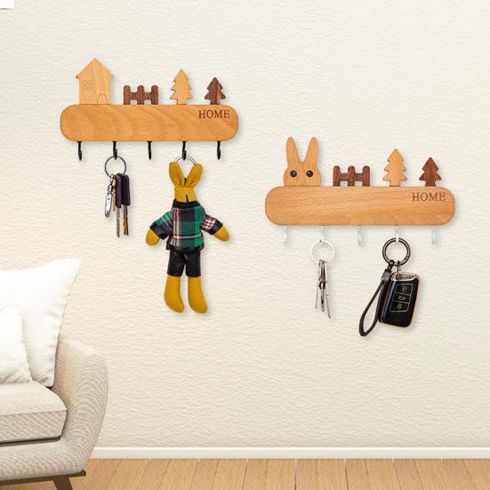 Natural Wood Key Organizer Wooden Holder with 5 Hooks, Cartoon House Theme Organizer, Multi No Drill Hanger Purpose Hanging Rack for Keys Pet Leashes