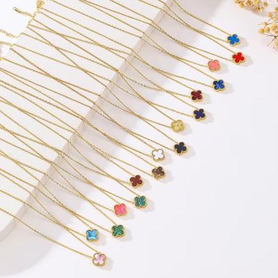 Four-Leaf Clover Gold-Plated Titanium Steel Necklace - Women's Fashionable Clavicle Chain with Colorful Pendant.