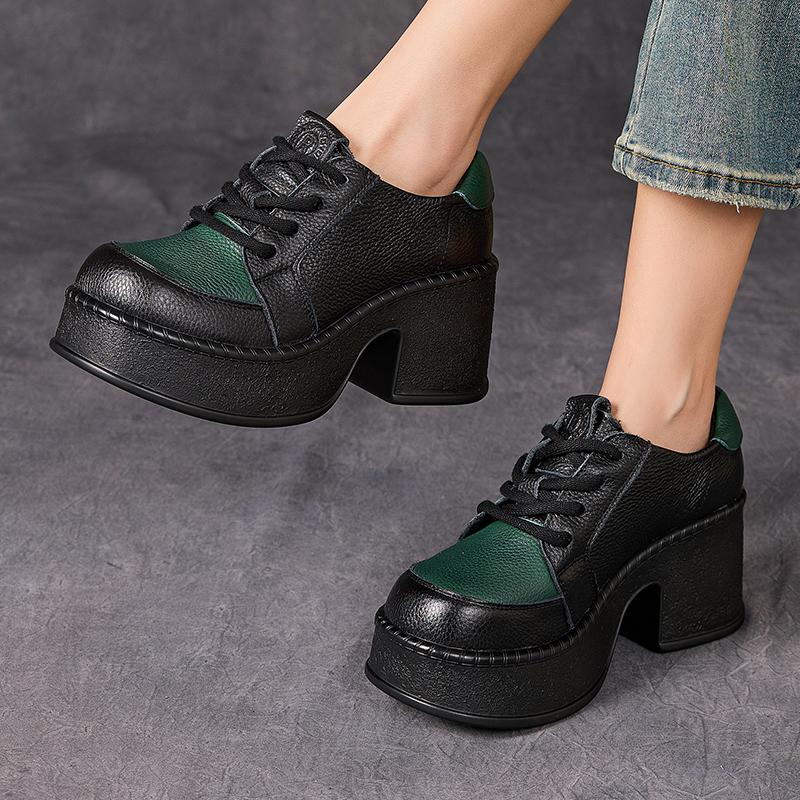 Fashion GKTINOO 2025 Autumn New Lace Up Retro Genuine Leather Shoes Pumps Mixed Colors Thick Soled Comfortable Women's Platform Shoes