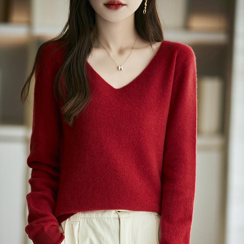 

Трикотажный свитер с V-образным вырезом, свободного кроя, облегающий фигуру, новый осенне-зимний свитер для женщин M вишня