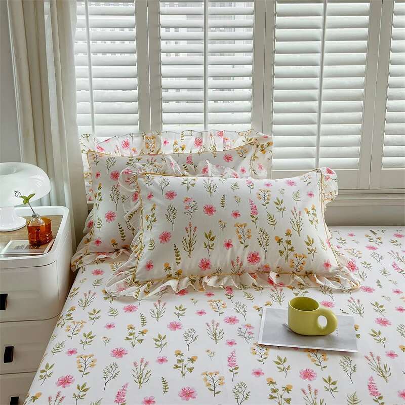 Solstice Floral Pillowcase Set - 2pcs 100% Cotton Ruffled Fundas de Almohada, Cushion Cover