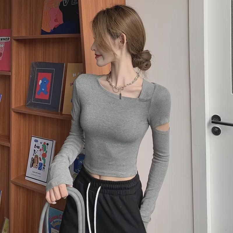 New Spring & Autumn Slim Fit Niche Design Sexy Elastic Short T-Shirt for Women
