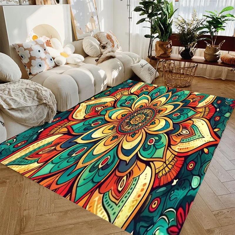 Non-Slip Vintage Mandala Area Mat Bohemian Style Polyester Rug for Living Room Bedroom Entryway Vibrant Home Decoration Carpet