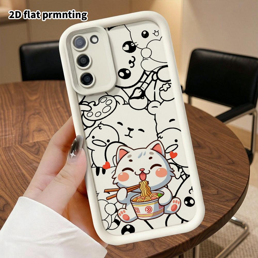 Phone Case: 2D flat, suitable for Samsung Galaxy A34 A35 M05 M06 S20 S22 S21 FE Plus 5G protective cases, little white cat eating ramen, perfect Chris