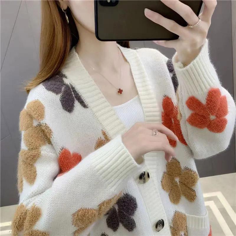 Large Size Sweater Coat Women Autumn Flower Loose Comfortable Stretch Cardigan Pocket Casual Knitted Jacket