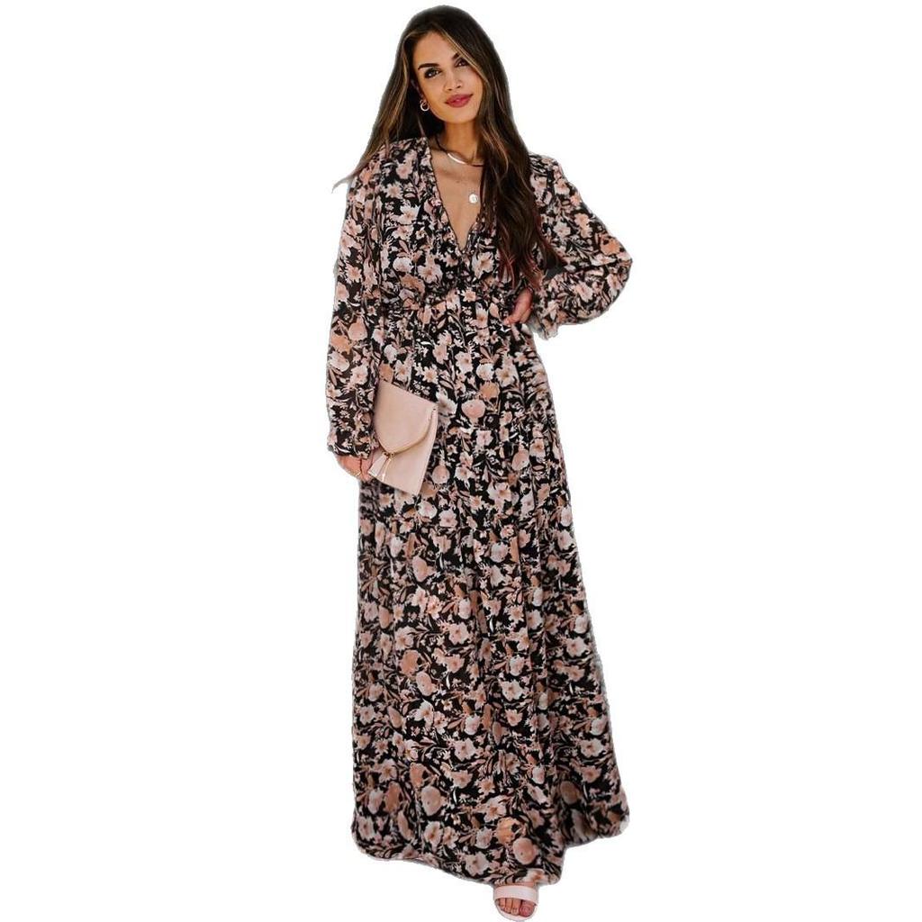 New Long-Sleeve European & American Women's Fashion Print Evening Dress