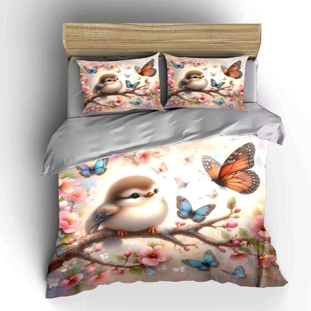 Cute Bird And Butterflies Decor Set Multiple Sizes Kid'S And Adults' Bedroom Exquisite 3Pc Bedding Set, Gift