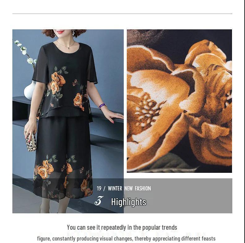 2021 Summer Chiffon Two-Piece Set for Middle-Aged and Elderly Women: Fashionable Loose Style for Mothers